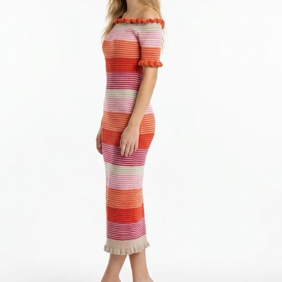 DEE ELLY Off-The-Shoulder Striped Knit Ruffle Hem in Sunset Midi Dress Sz SMALL - Picture 3 of 10